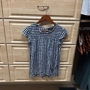 Suzanne Betro Navy & White Gingham Smocked Flutter Top